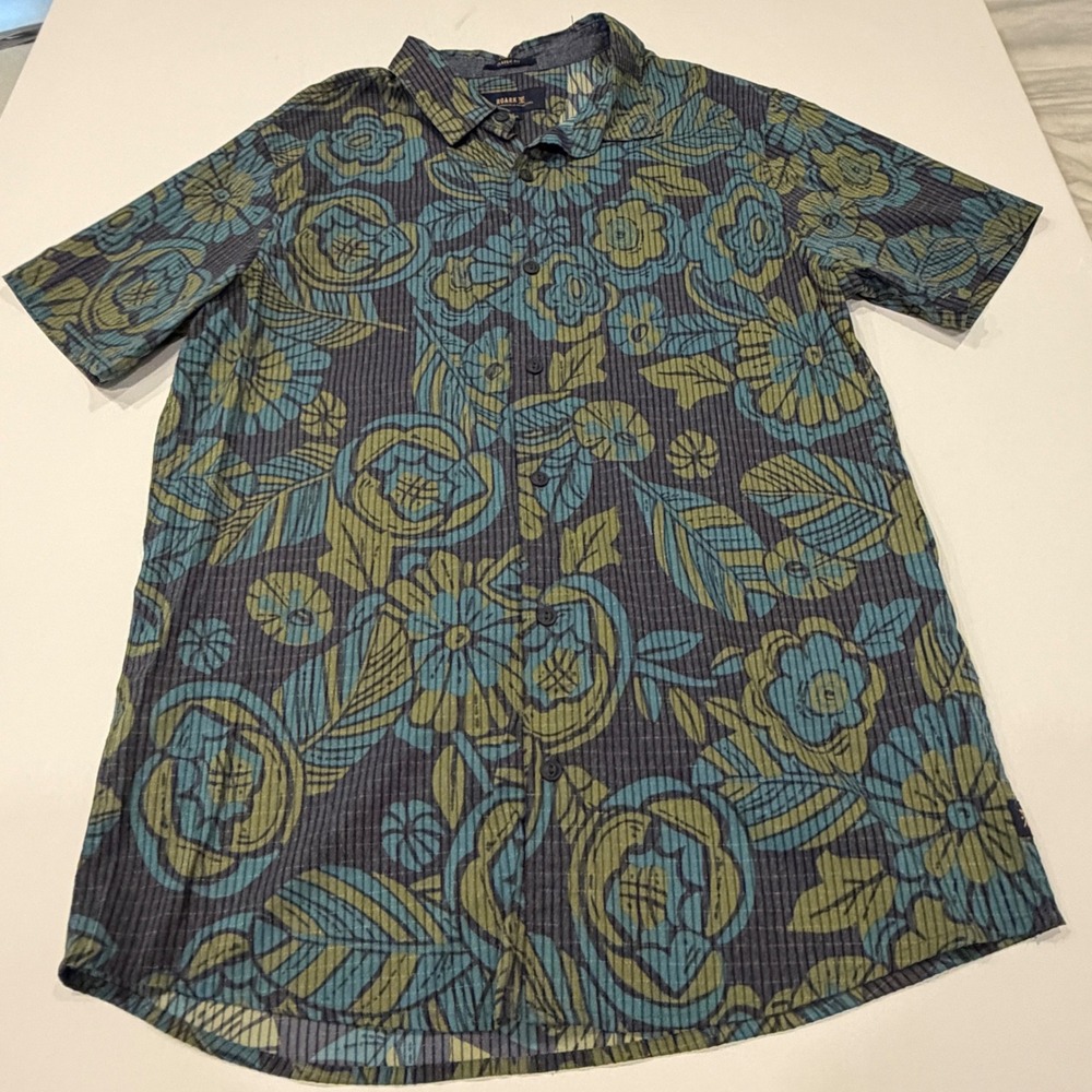 Roark Artifacts of Adventure Mens Classic Fit Floral Seersucker Shirt Blue Med